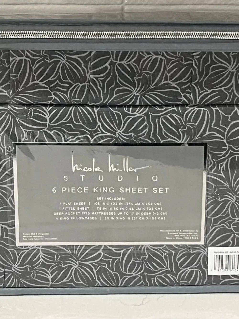 NICOLE MILLER Studio Gray KING Sheet Set 6pc New Linear Floral Tropical Flowers